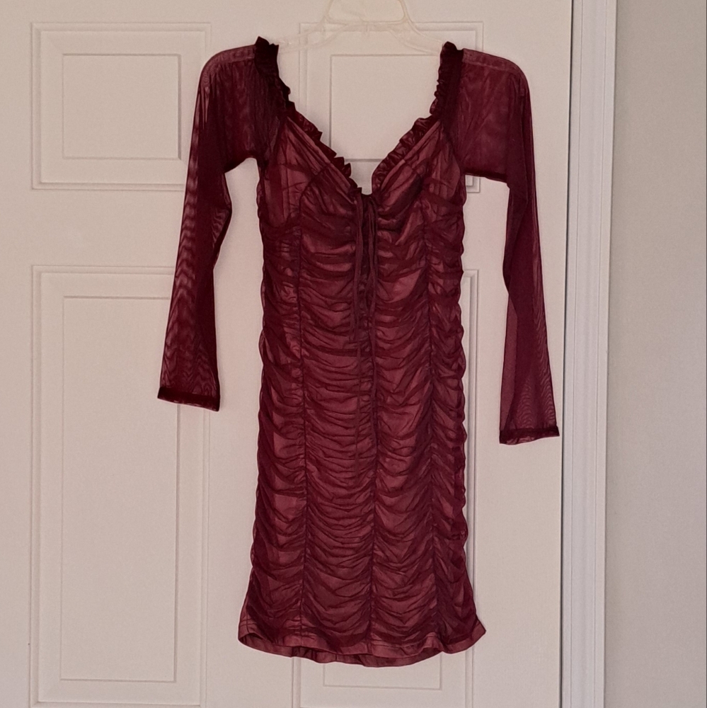 Fashion Nova sheer body con lined mini lace maroon party holiday dress.  Size XL